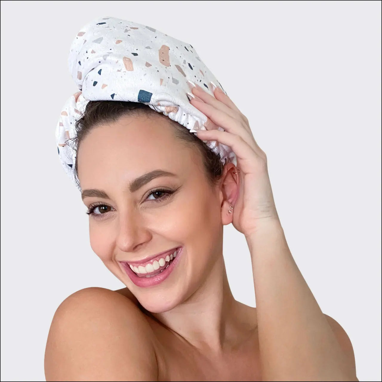 Quick Drying Hair Towel White Terrazzo