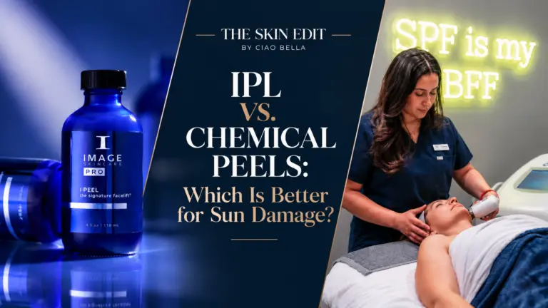 IPL vs chemical peels for sun damage and pigmentation, featuring IPL Photofacial and facial exfoliation treatments at Ciao Bella.